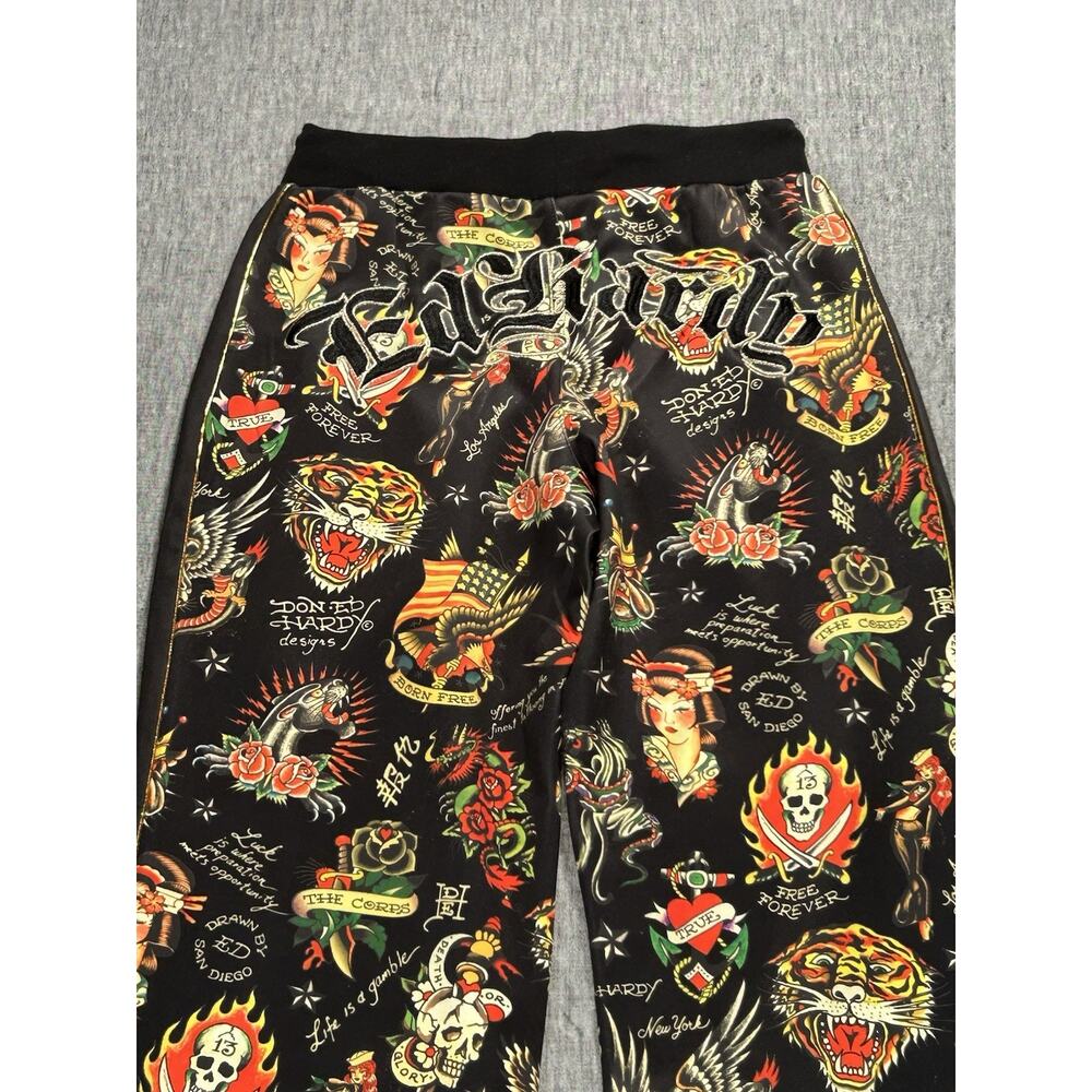 Ed Hardy Flashboard Track Pants Womens Small Black Stretch Embroidered Tattoo - Picture 15 of 16